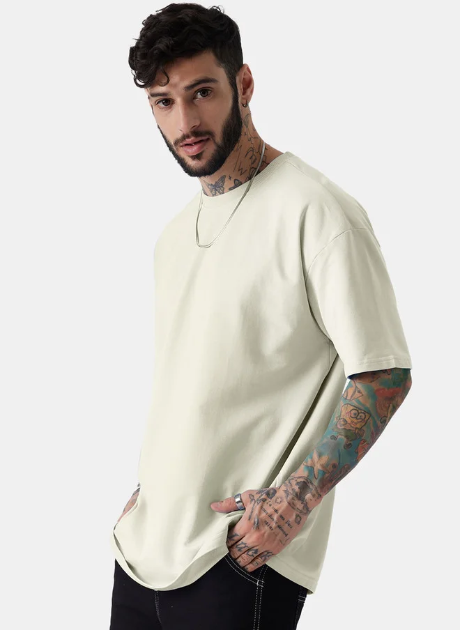 The Souled Store  The Souled Store Men Solid Off White Cotton Oversized Fit T-Shirt  | Best Price UAE