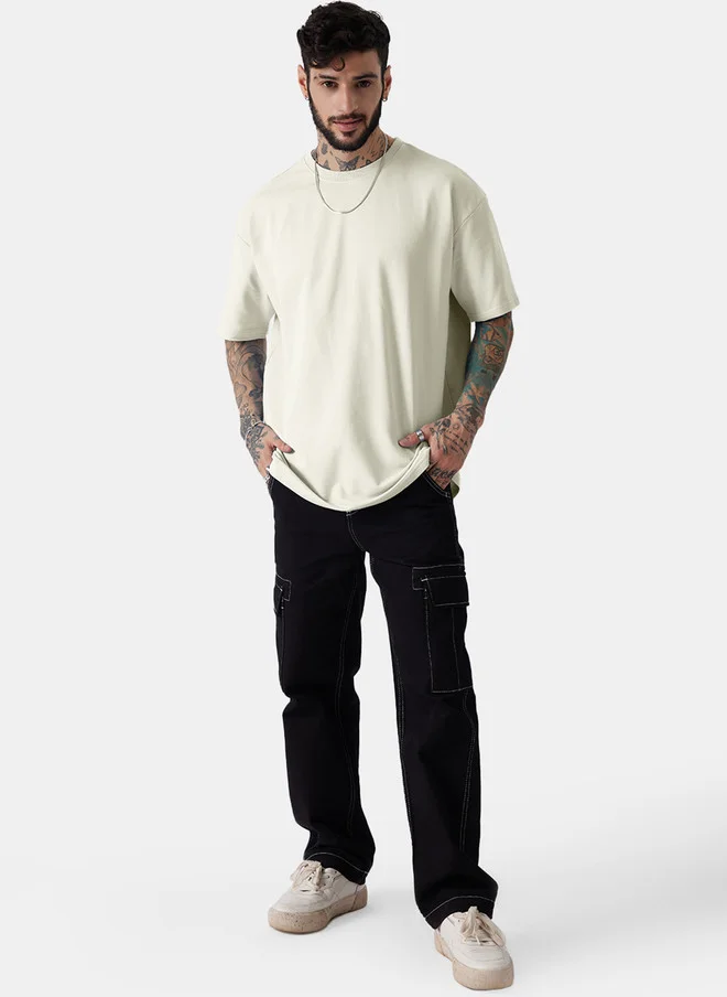 The Souled Store  The Souled Store Men Solid Off White Cotton Oversized Fit T-Shirt  | Best Price UAE