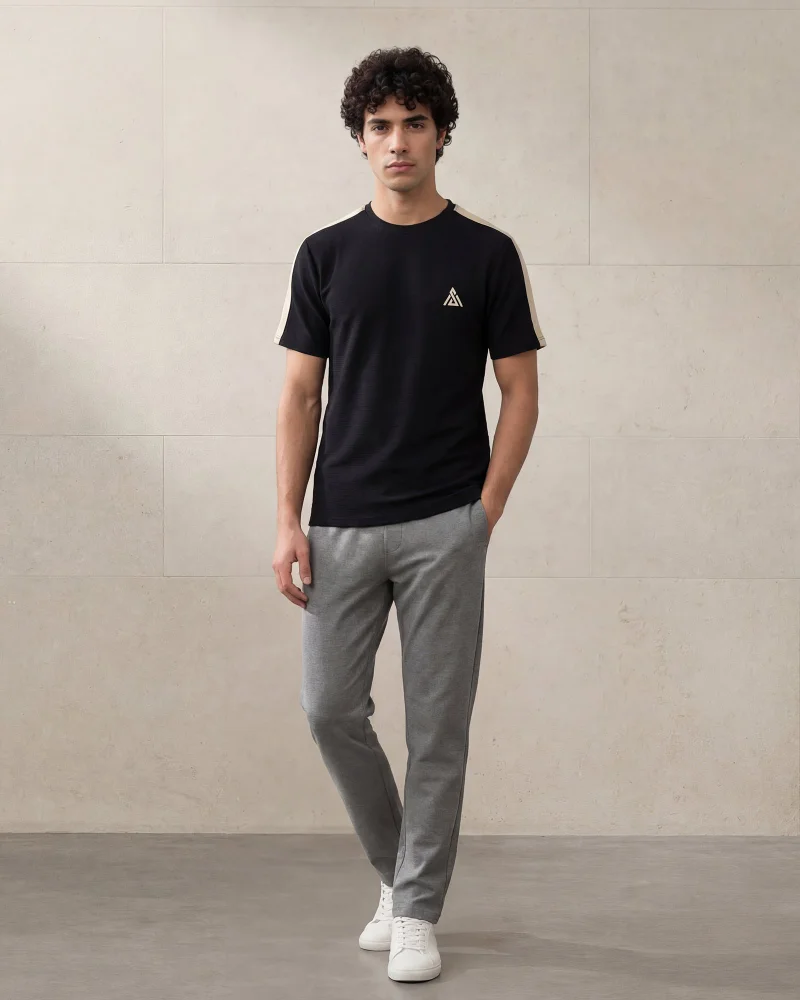 Redtag Men Black Cut & Sew Ottoman Crew Neck T-Shirt
