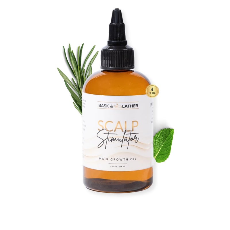Bask & Lather Scalp Stimulator Hair Growth Oil, Cold Pressed Mint and Rosemary Blend with Grapeseed for Hair Growth, Organic Natural Leave in, All Hair Types, 4 Fl Oz - Image 1