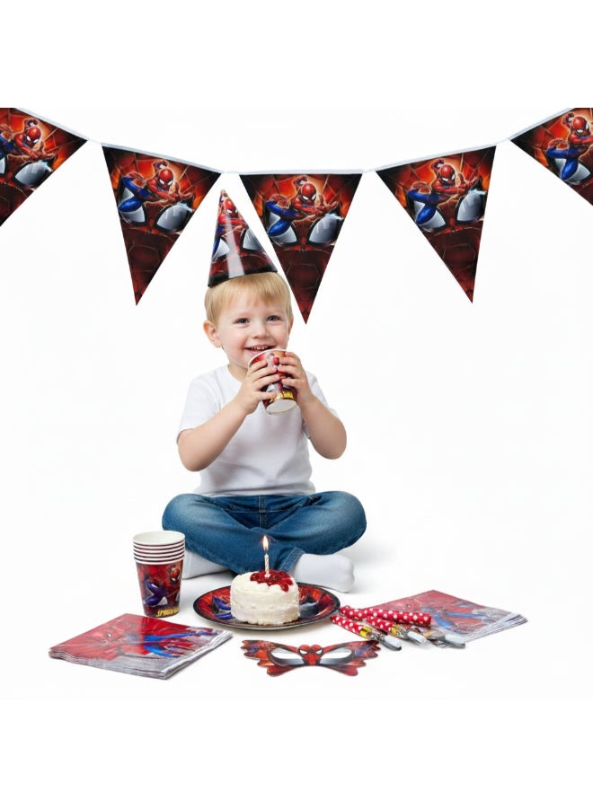 Toyland 37 Pcs Spiderman theme Birthday Party Supplies Set – Complete Kids Party Decoration Kit with Banner, Paper Plates, Cups, Napkins, Party Hats, Blowouts & Eye Masks for Boys Birthday Celebration - Image 2