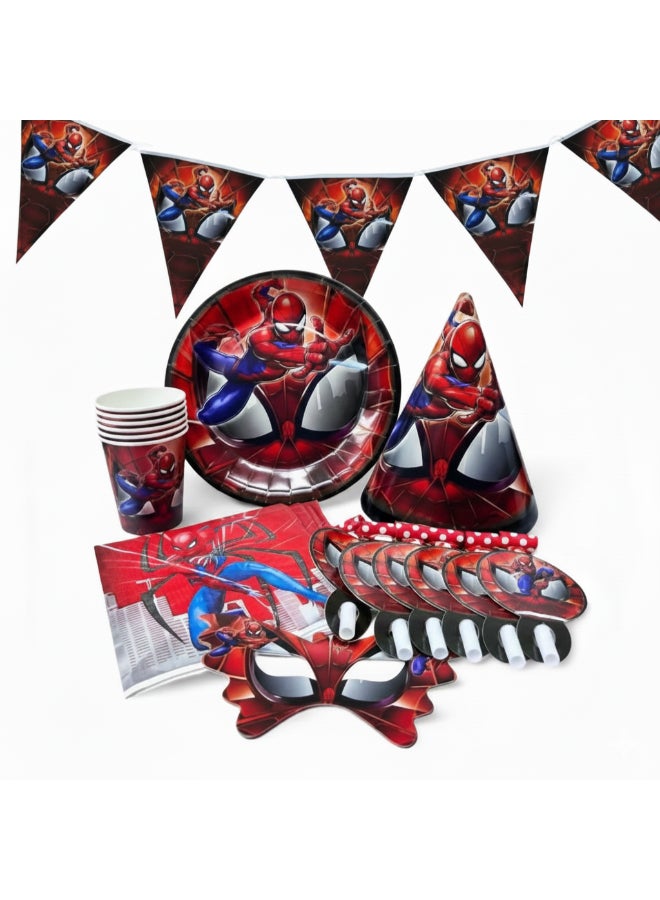 Toyland 37 Pcs Spiderman theme Birthday Party Supplies Set – Complete Kids Party Decoration Kit with Banner, Paper Plates, Cups, Napkins, Party Hats, Blowouts & Eye Masks for Boys Birthday Celebration - Image 1