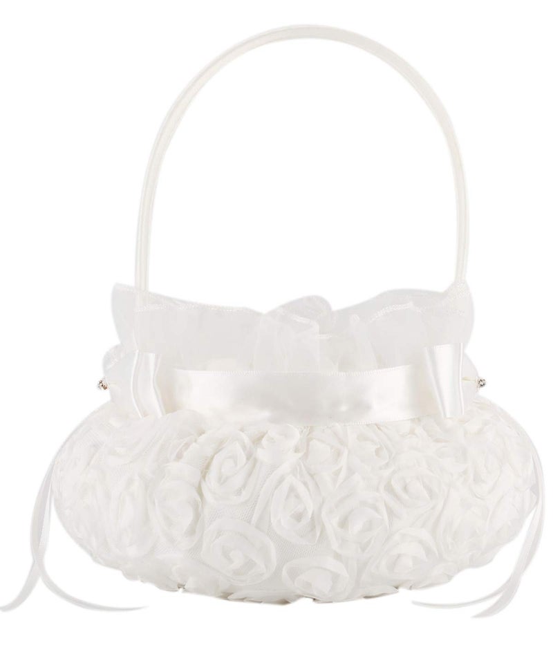 he andi Bowknot Silk Cloth Wedding Ceremony Party Rose Flower Girl Basket (White) (White, 5 inches) - Image 1