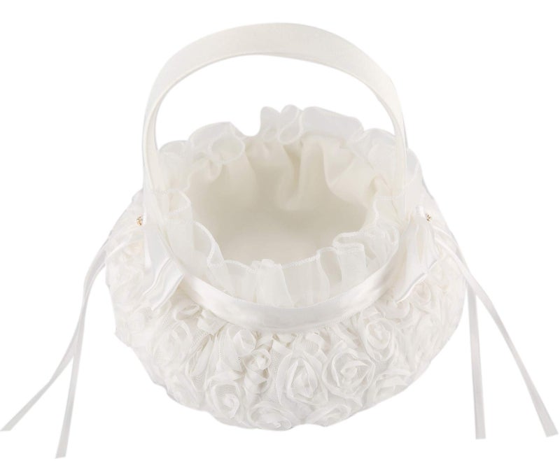 he andi Bowknot Silk Cloth Wedding Ceremony Party Rose Flower Girl Basket (White) (White, 5 inches) - Image 2
