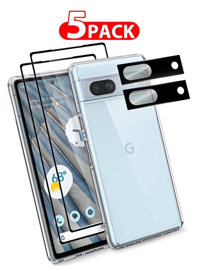 CATANES - 5 Packs For Google Pixel 7a TPU Case and 2 Screen Protectors and 2 Camera Lens Protectors Clear Anti-Yellowing Transparent Shockproof Protective Phone Case Scratch Resistant Cover - Image 1