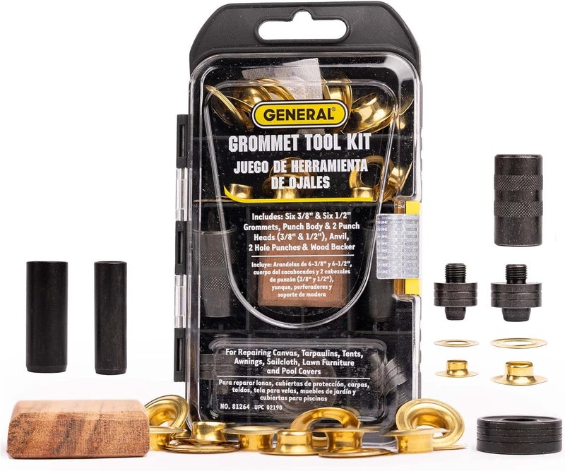 General Tools 3/8"-1/2" Grommet Kit - Rustproof Solid Brass Grommets for Tarp Repair, Reinforcing Canvases, and Fabric Rings - Image 1