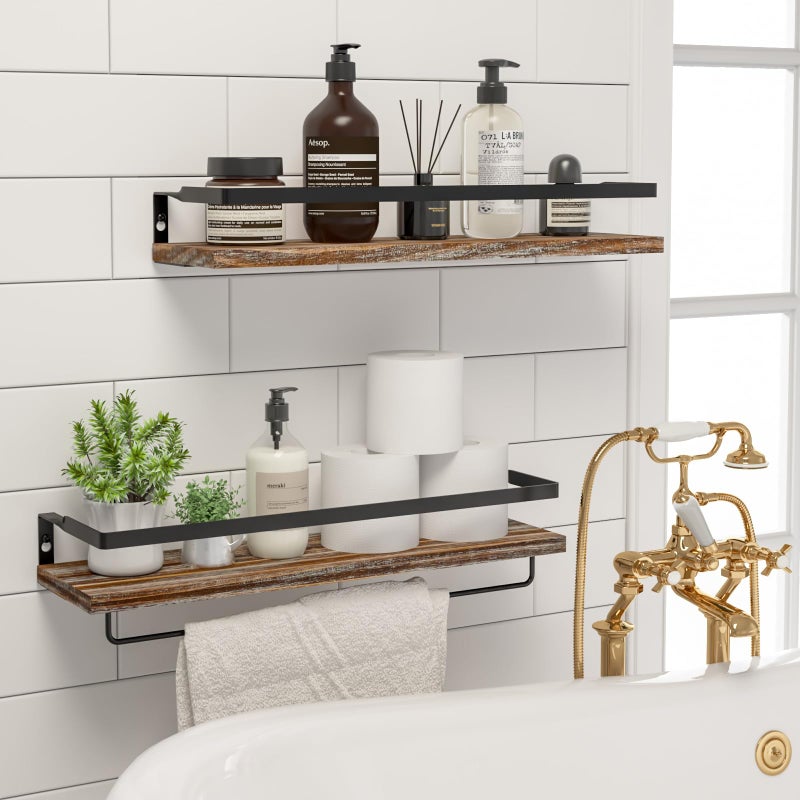 SODUKU Floating Shelves for Wall, Bathroom Shelves with Towel Bar, Wall Mounted Storage Shelves for Kitchen, Bathroom, Set of 2 White Washed - Image 2