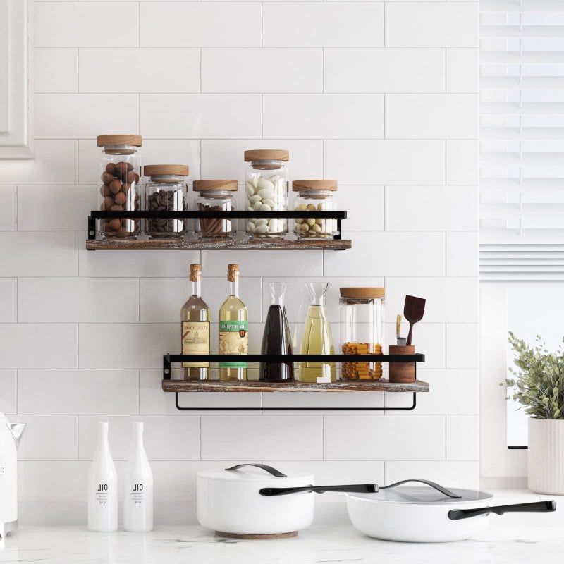 SODUKU Floating Shelves for Wall, Bathroom Shelves with Towel Bar, Wall Mounted Storage Shelves for Kitchen, Bathroom, Set of 2 White Washed - Image 5