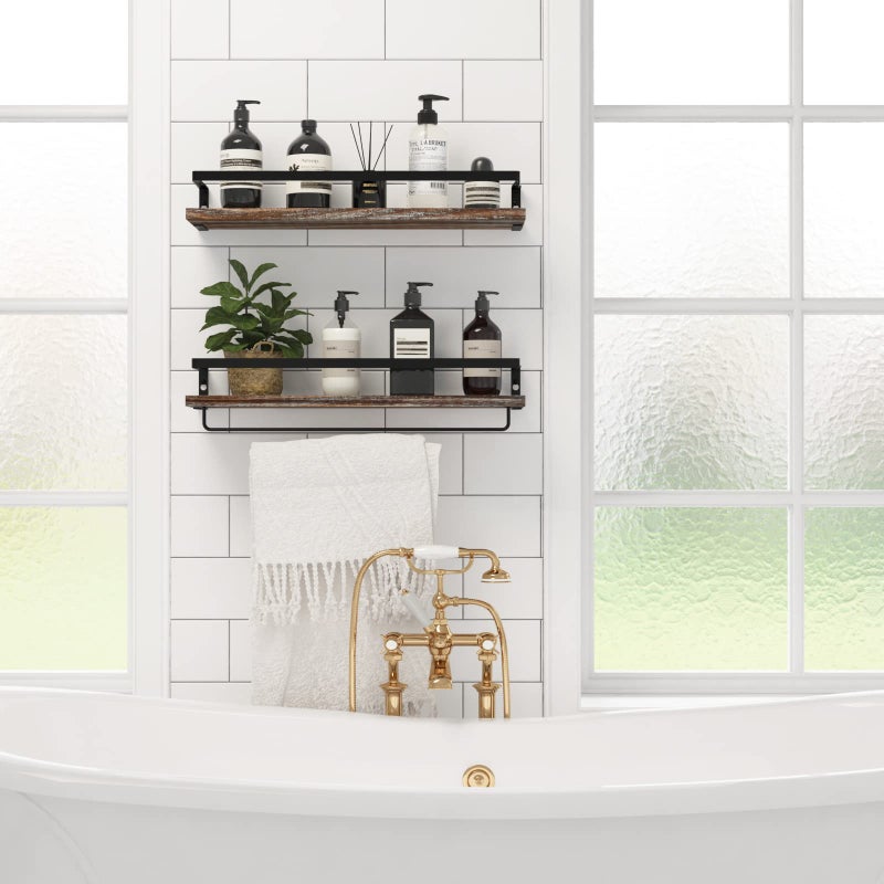 SODUKU Floating Shelves for Wall, Bathroom Shelves with Towel Bar, Wall Mounted Storage Shelves for Kitchen, Bathroom, Set of 2 White Washed - Image 3