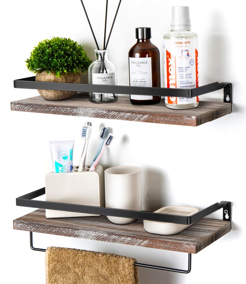 SODUKU Floating Shelves for Wall, Bathroom Shelves with Towel Bar, Wall Mounted Storage Shelves for Kitchen, Bathroom, Set of 2 White Washed - Image 1