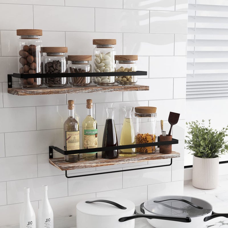 SODUKU Floating Shelves for Wall, Bathroom Shelves with Towel Bar, Wall Mounted Storage Shelves for Kitchen, Bathroom, Set of 2 White Washed - Image 4