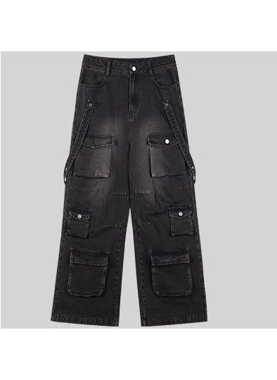 Retro Multi-Pocket Loose Denim Jeans for Men Black