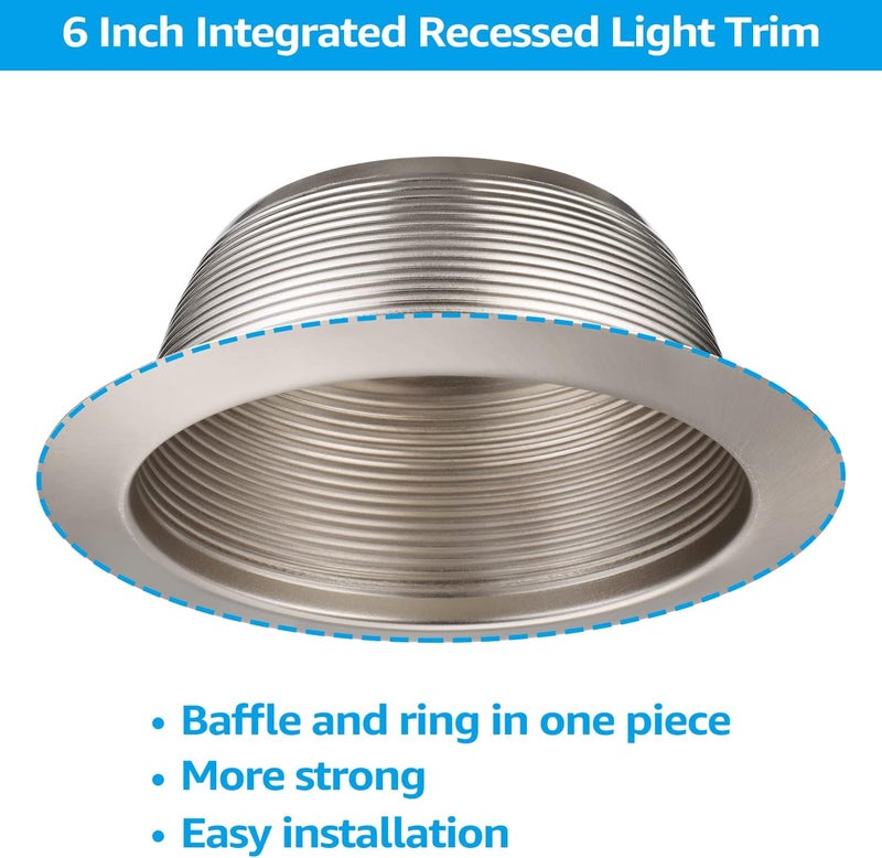 TORCHSTAR 12-Pack 6 Inch Integrated Can Light Trim, One Piece Baffle Trim, Full Metal, Fit Halo/Juno Remodel Recessed Housing, Satin Nickel - Image 4