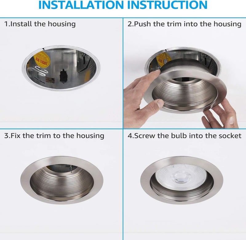 TORCHSTAR 12-Pack 6 Inch Integrated Can Light Trim, One Piece Baffle Trim, Full Metal, Fit Halo/Juno Remodel Recessed Housing, Satin Nickel - Image 5