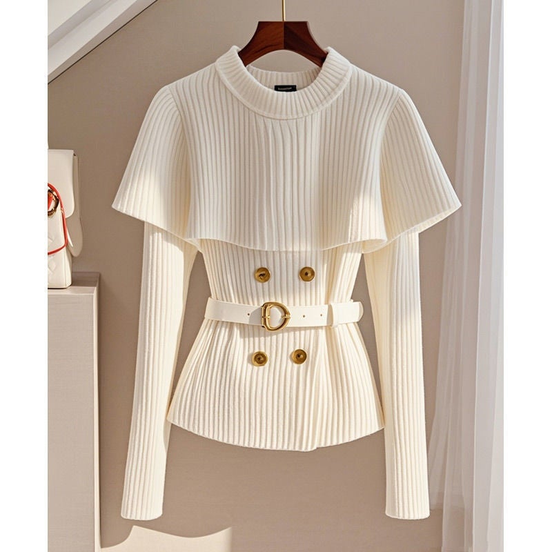 Chanel Style White Knitted Top Elegant Celebrity Style Cape Shawl Waist Soft Waxy Sweater Early Autumn New White (without belt)