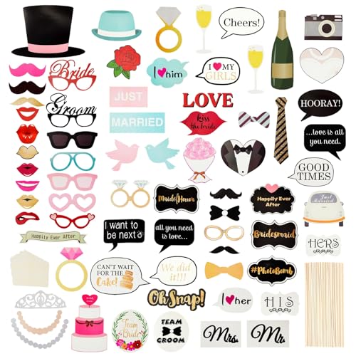 Blue Panda Wedding Photo Booth Props - 72-Piece Assorted Floral Cardstock Set, 3 x 2 to 10 x 7 in - Bridal Shower & Bachelorette Party Props for Wedding - Photo Booth with Sticks & Stickers - Image 1
