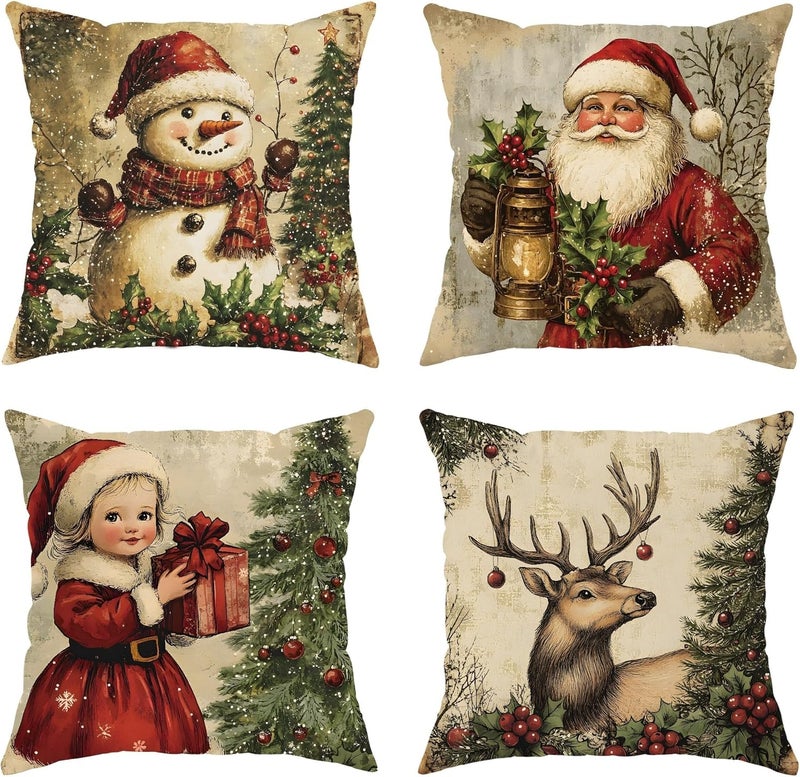 Christmas Throw Pillow Covers Set of 4, Vintage Holiday Character Cushion Cases, Festive Decorative Square Covers for Home Sofa Bed Couch 16x16 Inch - Image 1
