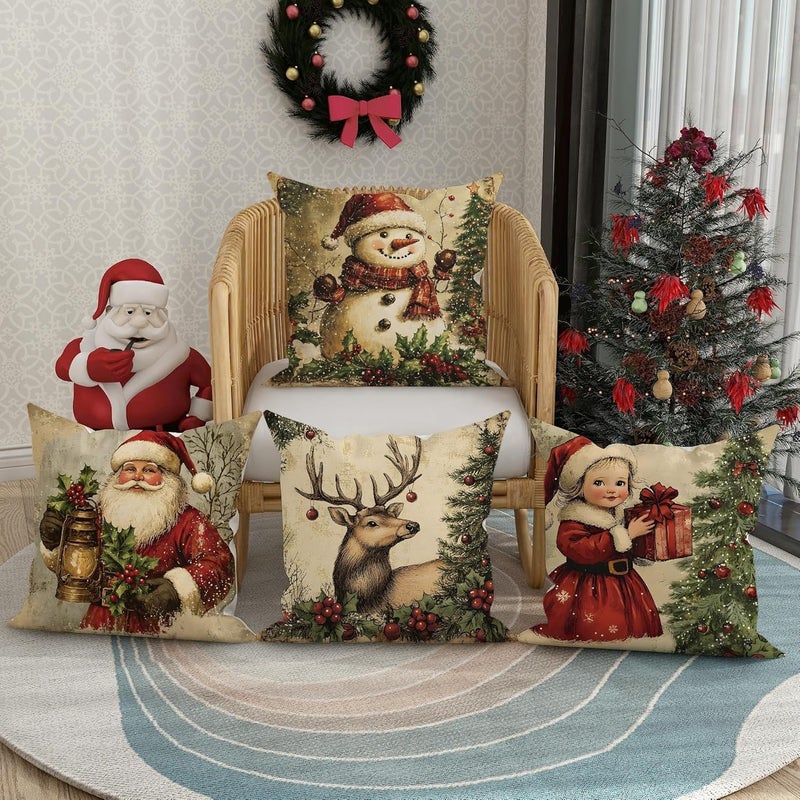 Christmas Throw Pillow Covers Set of 4, Vintage Holiday Character Cushion Cases, Festive Decorative Square Covers for Home Sofa Bed Couch 16x16 Inch - Image 2