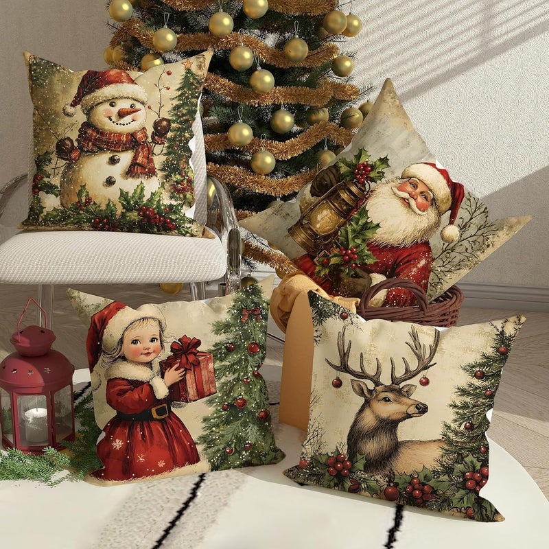 Christmas Throw Pillow Covers Set of 4, Vintage Holiday Character Cushion Cases, Festive Decorative Square Covers for Home Sofa Bed Couch 16x16 Inch - Image 4