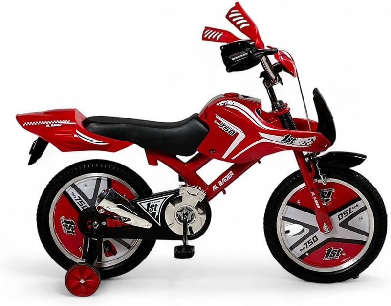 البدر دراجة اطفال من البدر مقاس 16 انش، دراجة مع مؤثرات صوتية للدراجة النارية، دراجة مع مقعد جلد مريح وعجلات تدريب، دراجة مناسبة للاطفال من سن 7-11 سنة (احمر) - Image 1