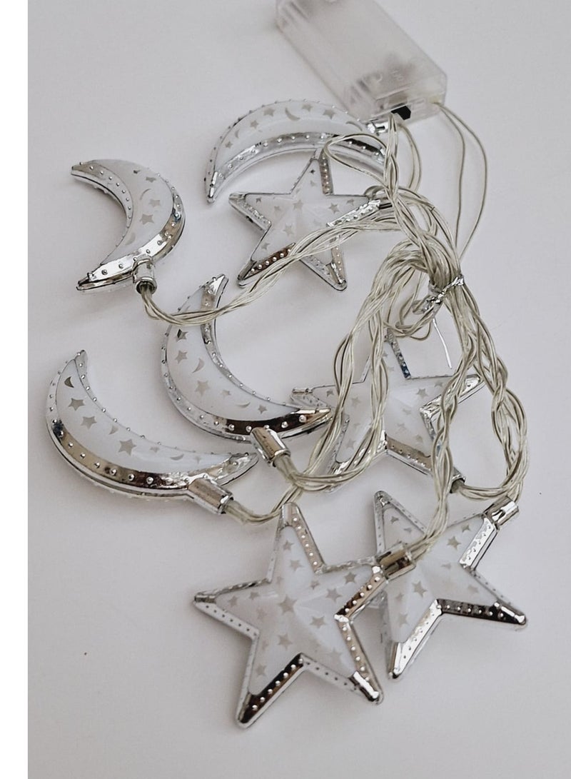 Al Zaabiah Silver Lanterns Moon & Stars Multicolor LED String Lights | Ramadan & Eid Decoration - Image 1