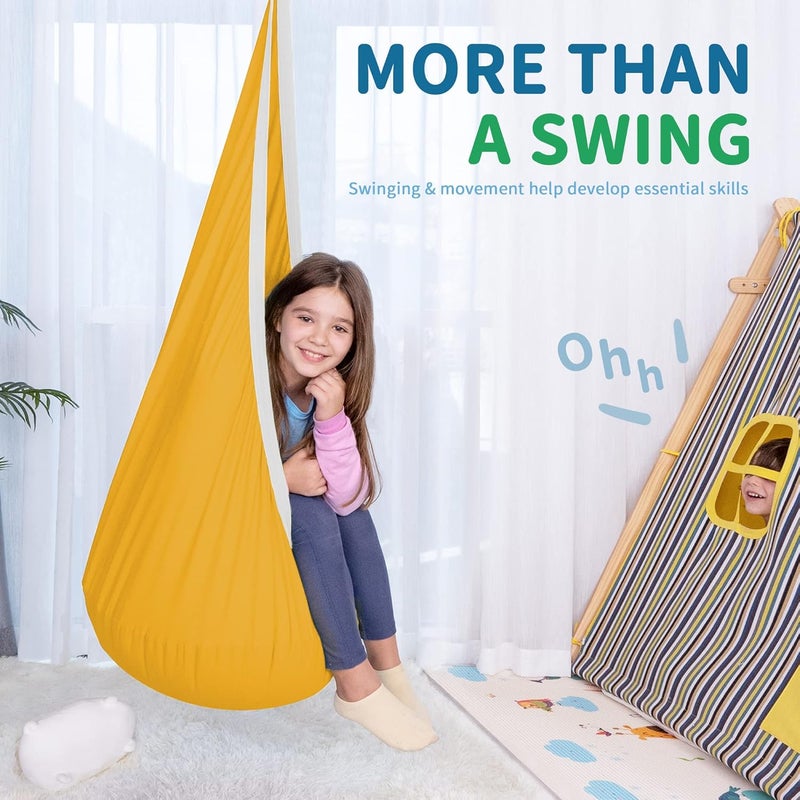 OUTREE Kids Pod Hanging Swing Seat Hammock,100% Cotton Child Swing Hammock Chair for Indoor and Outdoor use,Yellow and White - Image 5