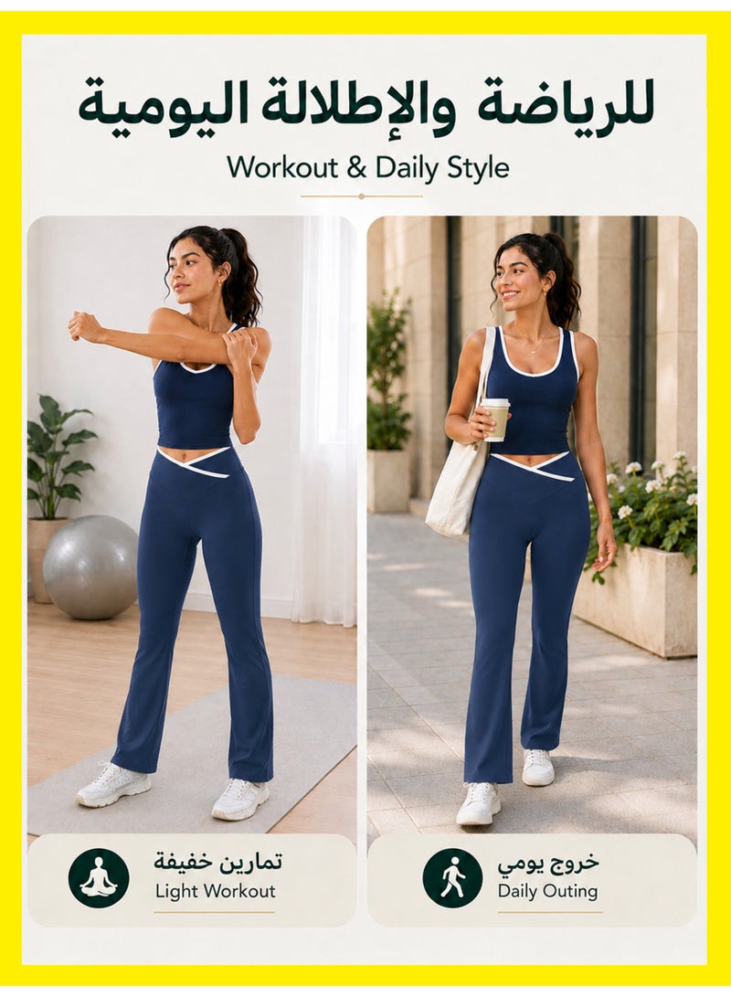 MS MIN Badge Blue Women's 2-Piece Yoga Set, Contrast U-Neck Tank Top & Cross-Waist High-Waist Long Pants, High-Elastic Breathable Slim Fit Workout Outfit for Pilates, Fitness & Gym - Image 5