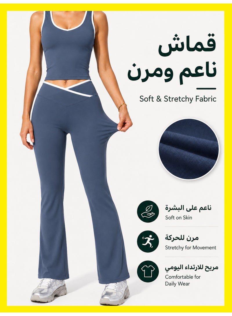 MS MIN Badge Blue Women's 2-Piece Yoga Set, Contrast U-Neck Tank Top & Cross-Waist High-Waist Long Pants, High-Elastic Breathable Slim Fit Workout Outfit for Pilates, Fitness & Gym - Image 3