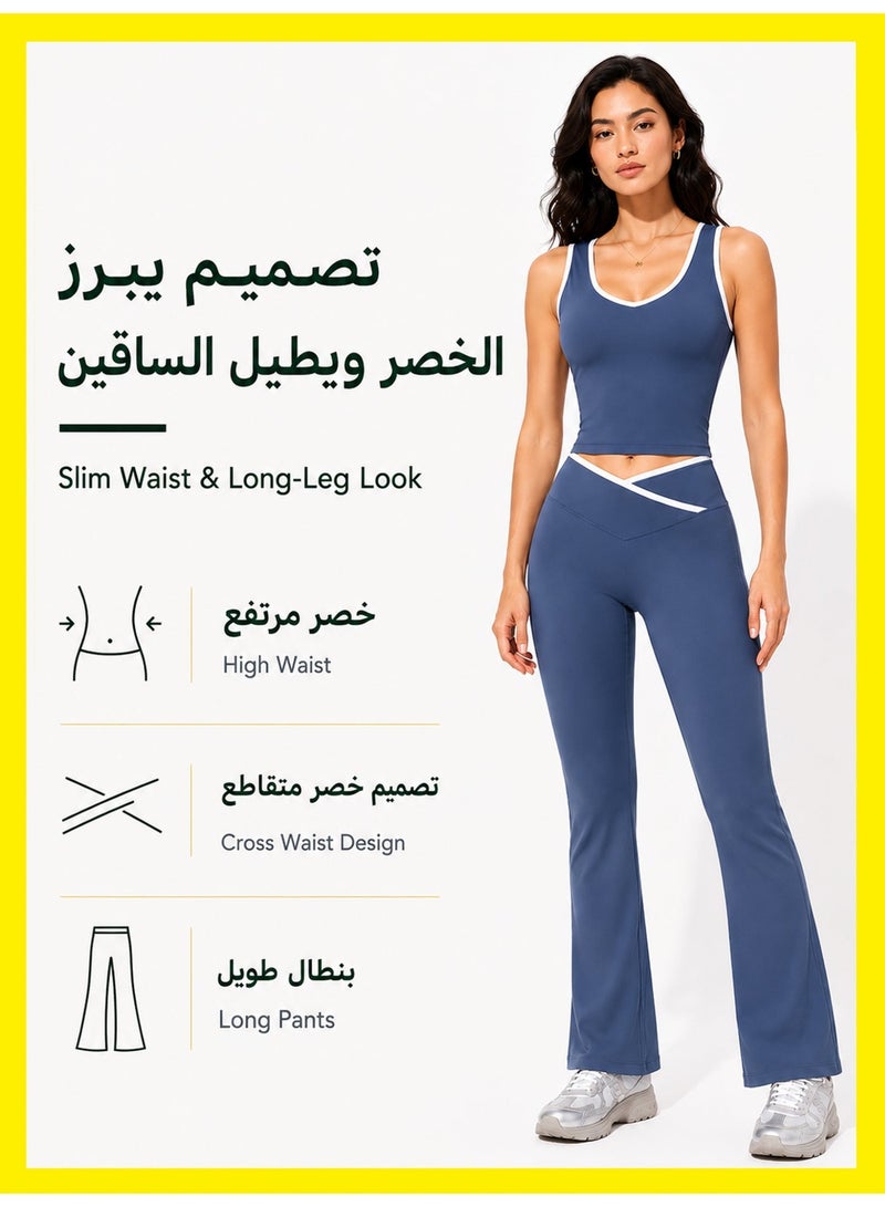 MS MIN Badge Blue Women's 2-Piece Yoga Set, Contrast U-Neck Tank Top & Cross-Waist High-Waist Long Pants, High-Elastic Breathable Slim Fit Workout Outfit for Pilates, Fitness & Gym - Image 2