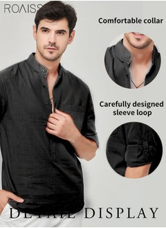 roaiss Fashionable Business Casual Stand Collar Shirt Men'S Daily Commuting Adjustable Sleeves Chest Pocket Button Pullover  - Image 1