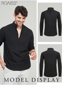 roaiss Fashionable Business Casual Stand Collar Shirt Men'S Daily Commuting Adjustable Sleeves Chest Pocket Button Pullover  - Image 4