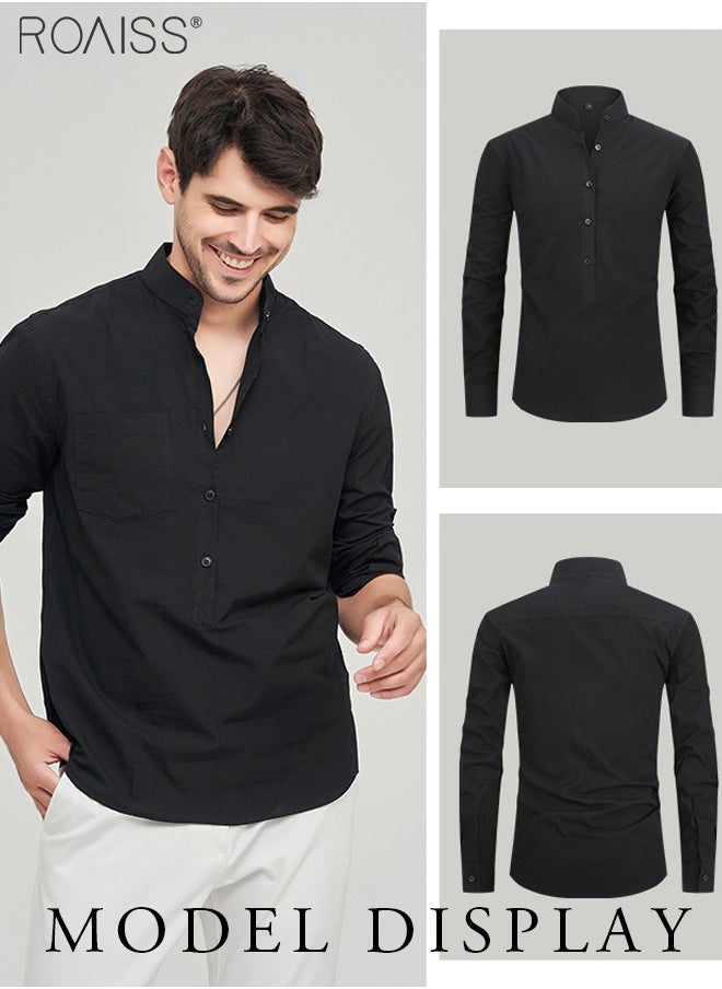 roaiss Fashionable Business Casual Stand Collar Shirt Men'S Daily Commuting Adjustable Sleeves Chest Pocket Button Pullover  - Image 4