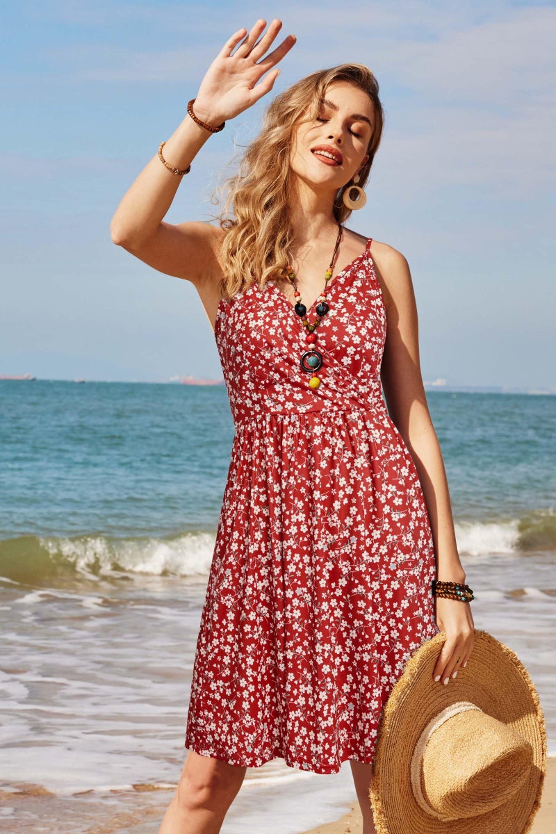 STYLEWORD 2025 Womens Summer V Neck Dresses Sun Spaghetti Strap Petite Sundress Casual Beach Hawaiian with Pocket(Floral46-412,L) - Image 3