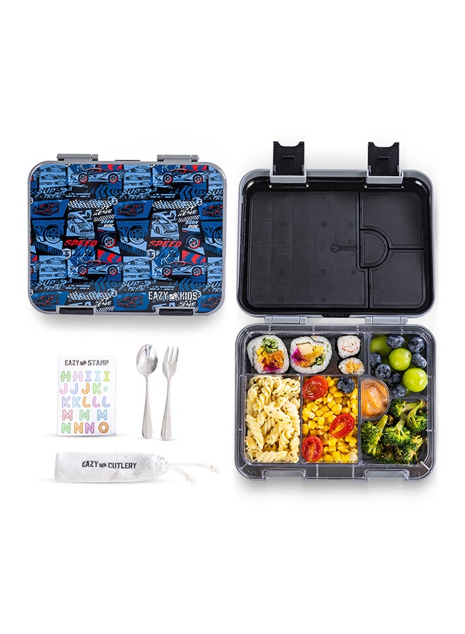 Eazy Kids - Personalized 6 & 4 Convertible Bento Lunch Box w / Steel Spoon & Fork Set and Alphabets Sticker - Car Racing Blue - Image 4