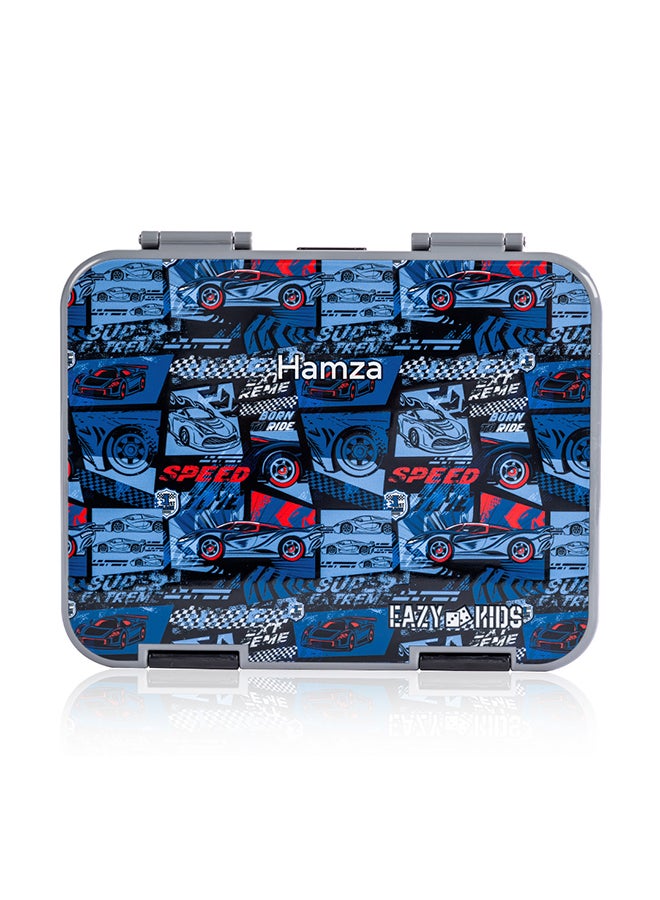 Eazy Kids - Personalized 6 & 4 Convertible Bento Lunch Box w / Steel Spoon & Fork Set and Alphabets Sticker - Car Racing Blue - Image 1