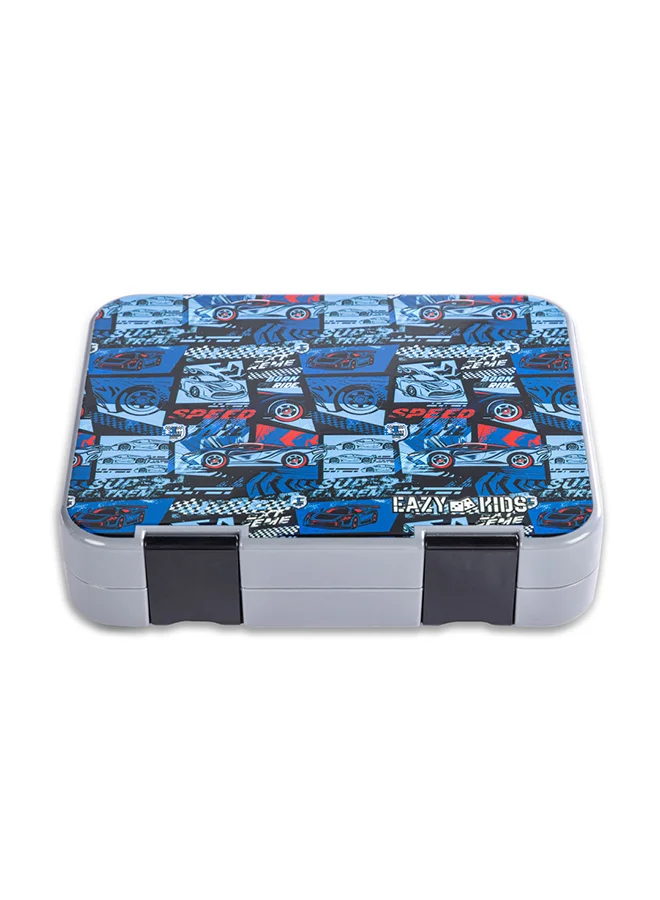 Eazy Kids Eazy Kids - Personalized 6 & 4 Convertible Bento Lunch Box w / Steel Spoon & Fork Set and Alphabets Sticker - Car Racing Blue