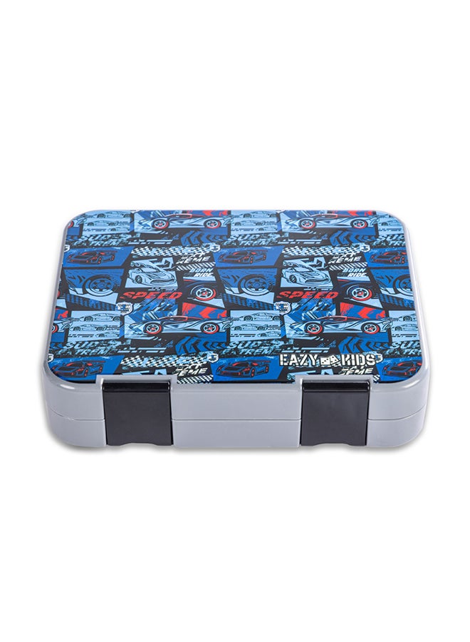 Eazy Kids - Personalized 6 & 4 Convertible Bento Lunch Box w / Steel Spoon & Fork Set and Alphabets Sticker - Car Racing Blue - Image 2