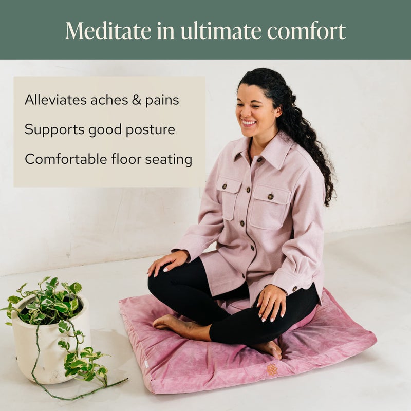 Mindful Modern Velvet Zabuton Meditation Mat | Large Rectangular Yoga Floor Cushion Pillow for Kneeling or Sitting Support | Removable Washable Cover | Perfect Zafu or Bench Complement | Color Pink - Image 2