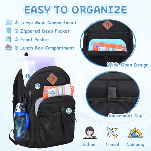 VASCHY Kids Backpack Lunch Bag Set, 2-1 School Bookbag Insulated Lunch Box for Toddlers,Preschool,Daycare,Kindergarten,Elementary School Black - Image 3