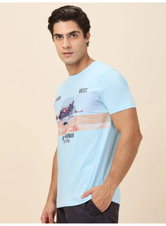 بيينغ هيومان Mens Sky Blue Round Neck Short Sleeve T-Shirt