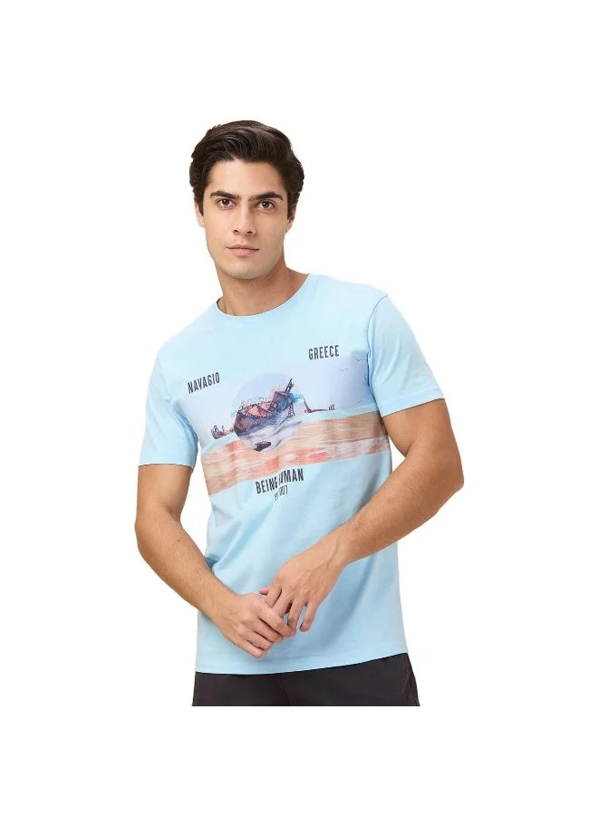 بيينغ هيومان Mens Sky Blue Round Neck Short Sleeve T-Shirt