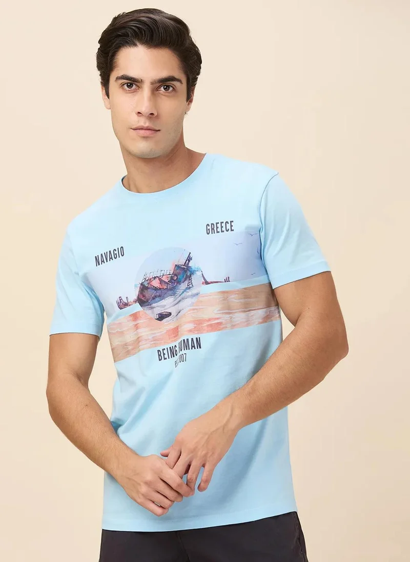 بيينغ هيومان Men Graphic Printed Round Neck Cotton Slim Fit T-shirt