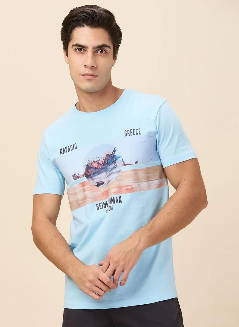 بيينغ هيومان Men Graphic Printed Round Neck Cotton Slim Fit T-shirt