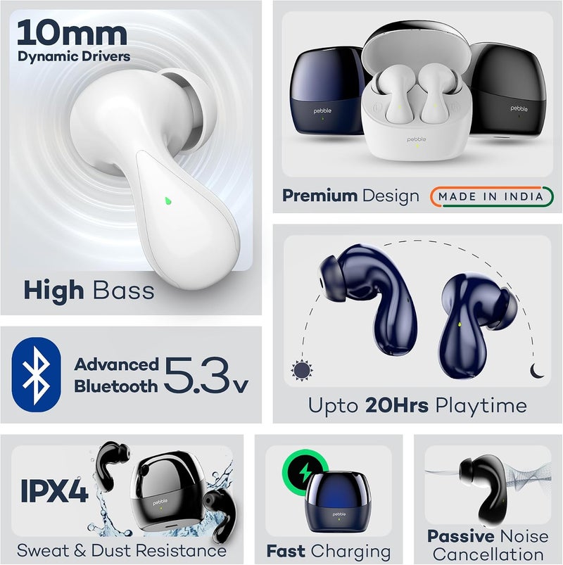 Pebble Wave Buds High Bass Clear Sound Quality, Passive Noise Cancellation, Voice Assistant, Premium Design, Type-C Charging, Splash Proof, Snug & Secure Fit, Fast Pairing (Black) - Image 2