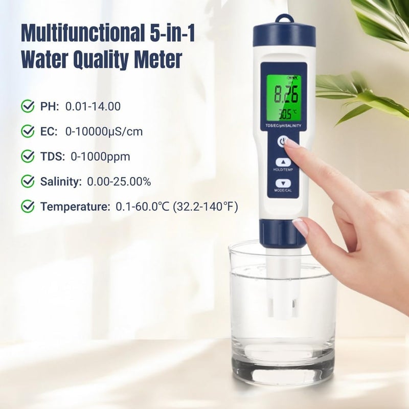 5-in-1 Water Quality Tester with LCD Backlight, Portable Ph, Ec, Tds, Salinity, and Temperature Measurement Pen - Image 3