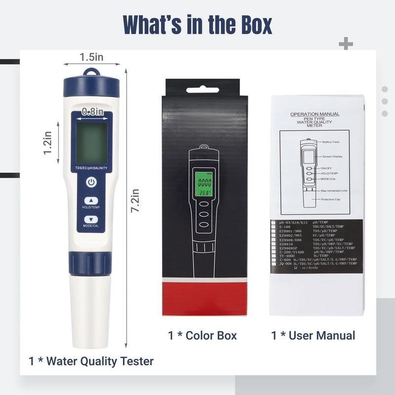 5-in-1 Water Quality Tester with LCD Backlight, Portable Ph, Ec, Tds, Salinity, and Temperature Measurement Pen - Image 5