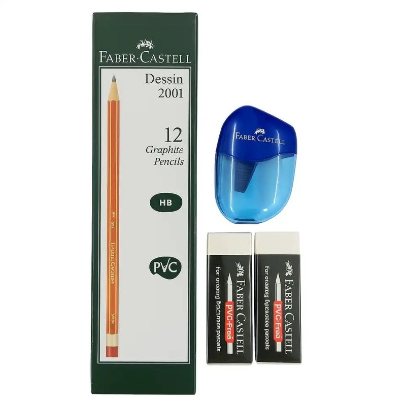 Faber Castell Dessin 2001 12 HB Graphite Pencil, Sharpener And 2 PVC Free Eraser- 15pcs Set