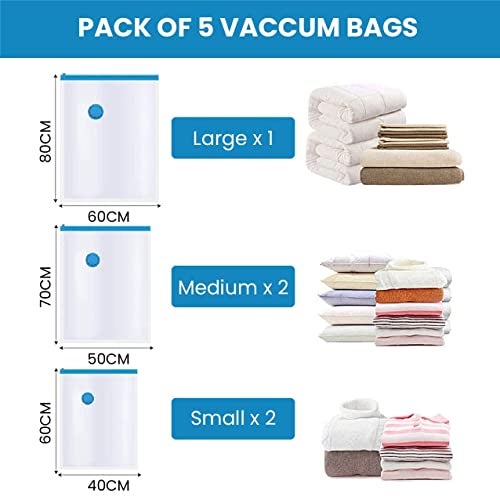 RYLAN Space Saver (Pack of 5) Reusable Vacuum Storage Ziplock Compression Sealer Bags for Travel clothes and home Blankets, Quilts with hand Pump (2 Small + 2 Medium + 1 Large + Hand Pump). - Image 2
