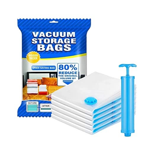 RYLAN Space Saver (Pack of 5) Reusable Vacuum Storage Ziplock Compression Sealer Bags for Travel clothes and home Blankets, Quilts with hand Pump (2 Small + 2 Medium + 1 Large + Hand Pump). - Image 1