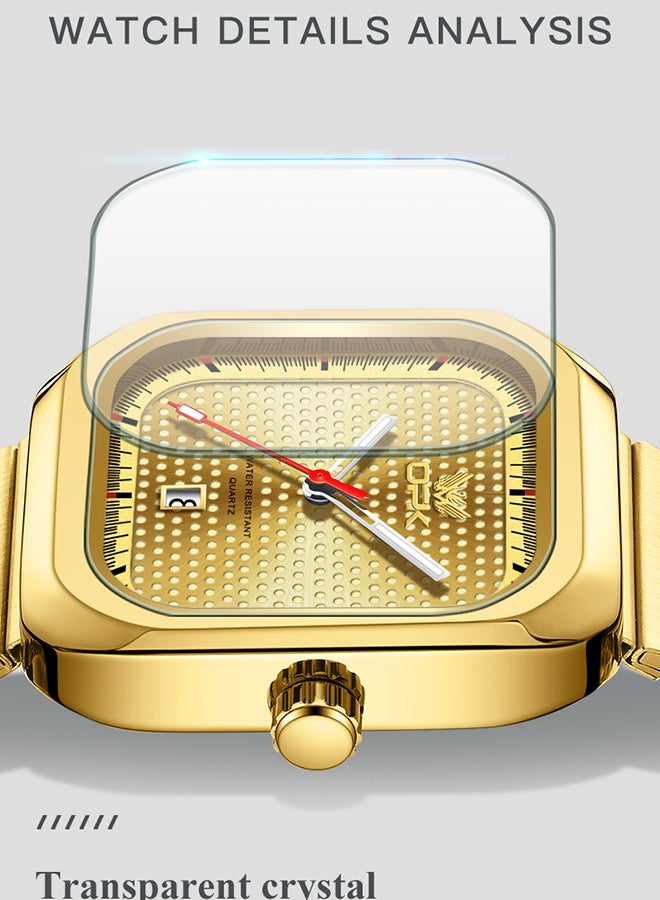 Opk Stylish Square Steel Strap Men'S Watch, Luminous And Waterproof, Single Calendar Quartz Watch, 6041 Steel Strap, All-Gold. - Image 4